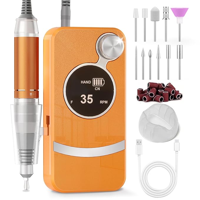 [2025 Upgraded] Electric Nail Drill Professional, Portable Rechargeable 40000 RPM - Cordless Electric Nail File Machine Kit for Acrylic Gel Polishing Removing, Manicure at Home DIY & Salon (Orange)