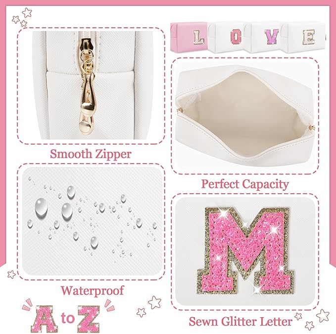 Initial Letter Patch Makeup Bag, Small Preppy A-Z Glitter Letter Cosmetic Bag, PU Leather Waterproof Travel Toiletry Bag, Cute Make Up Pouch Personalized Monogrammed Gift for Women Teen Girls