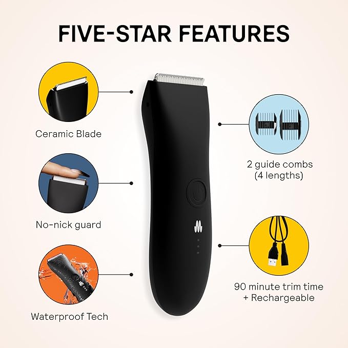 MERIDIAN The Trimmer Original - Body Hair Trimmer for Men, Electric Shaver for Pubic Hair, Chest, Legs & Bikini, Waterproof & Rechargeable, Onyx
