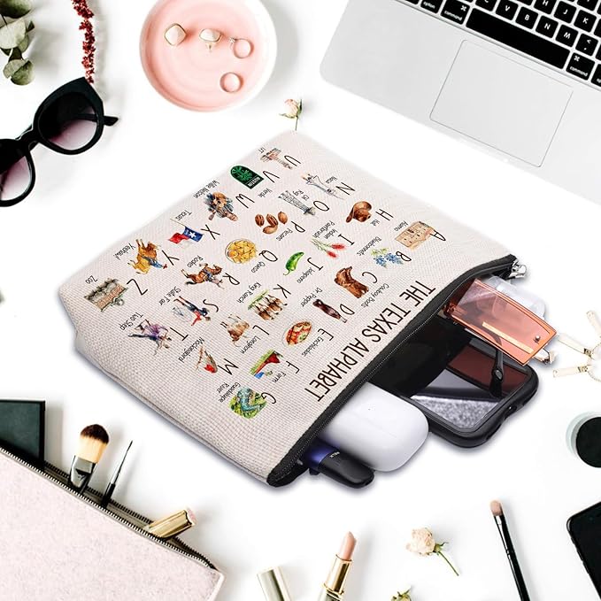 Cute Texas State Souvenirs Gift Makeup Bag Texas Themed Gifts for Women Alphabet Travel Cosmetic Bag Pouch