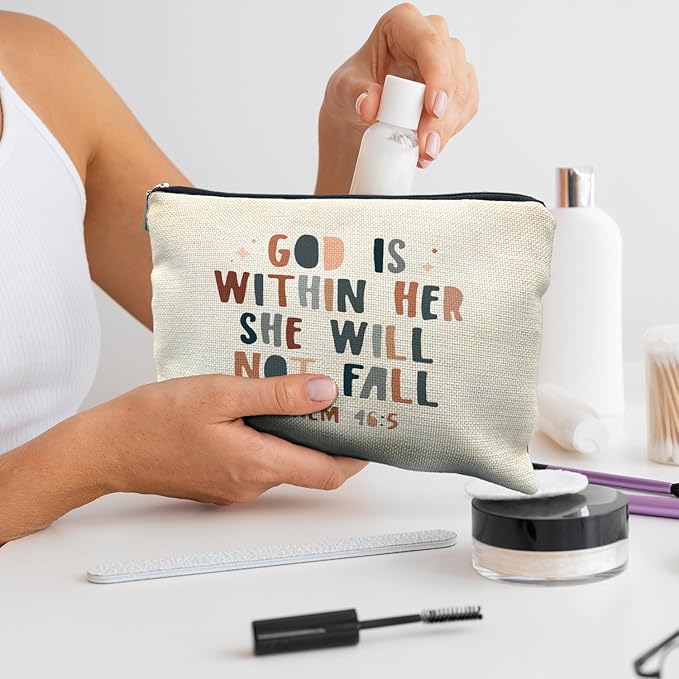 God is Within Her She Will not Fall Cosmetic Bag, Christian Gifts for Women, Bible Verse Gifts, Christian Makeup Bag, Religious Gifts for Christian Woman Cosmetic Bag Toiletry Bag