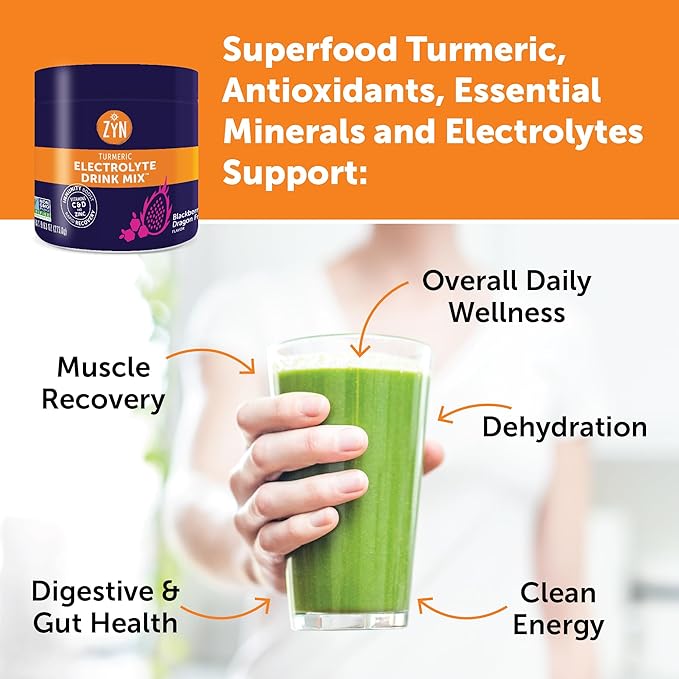 ZYN Electrolyte Hydration Drink Mix (30 Servings), BlackBerry Dragonfruit Electrolytes Powder, Hydrating Formula w/Turmeric Curcumin, Vitamin C & D, Zinc, Electrolyte Support Drink Mix