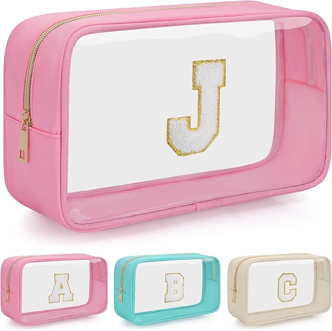 Personalized Initial Clear Makeup Bag, Travel Chenille Patch Cosmetic Bag, Preppy Toiletry Bag Monogram Cosmetic Pouch with Zipper, Ideal Gift for Teen Girls Women (Clear-Pink, J)