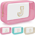 Personalized Initial Clear Makeup Bag, Travel Chenille Patch Cosmetic Bag, Preppy Toiletry Bag Monogram Cosmetic Pouch with Zipper, Ideal Gift for Teen Girls Women (Clear-Pink, J)