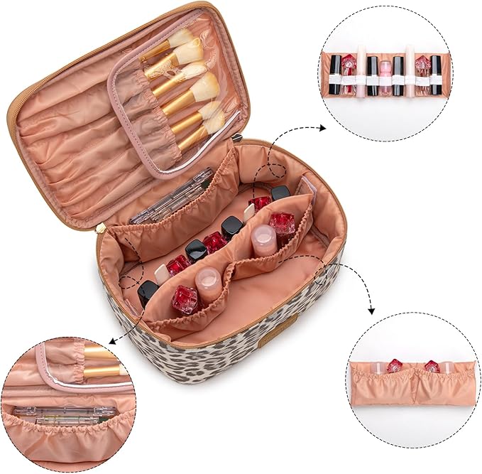 Montana West X Wrangler Travel Makeup Bag 2pcs Set Large Cosmetic Bag with Makeup Brush Holder Portable Make Up Organizer Cute Toiletry Bag with Divider and Handle for Women Leopard