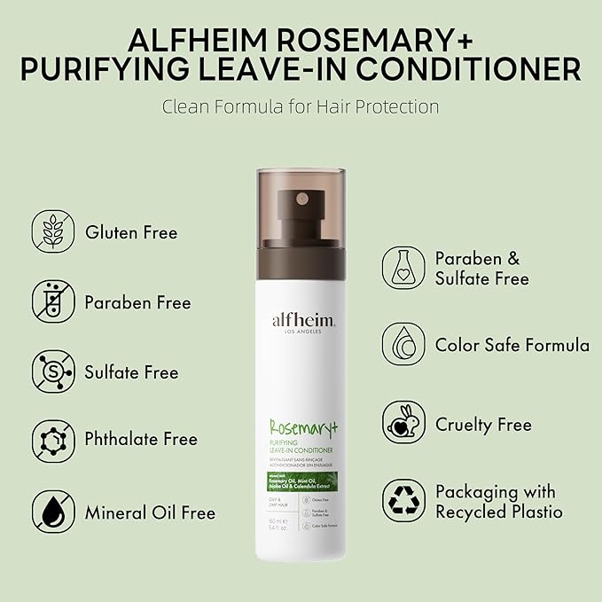 ALFHEIM Rosemary+ Purifying Leave-In Mist – Lightweight Conditioning & Refreshing Spray for Oily & Fine Hair with Rosemary, Peppermint & Jojoba Oils – Detangles, Smooths & Revives – 5.4 oz / 160 ml
