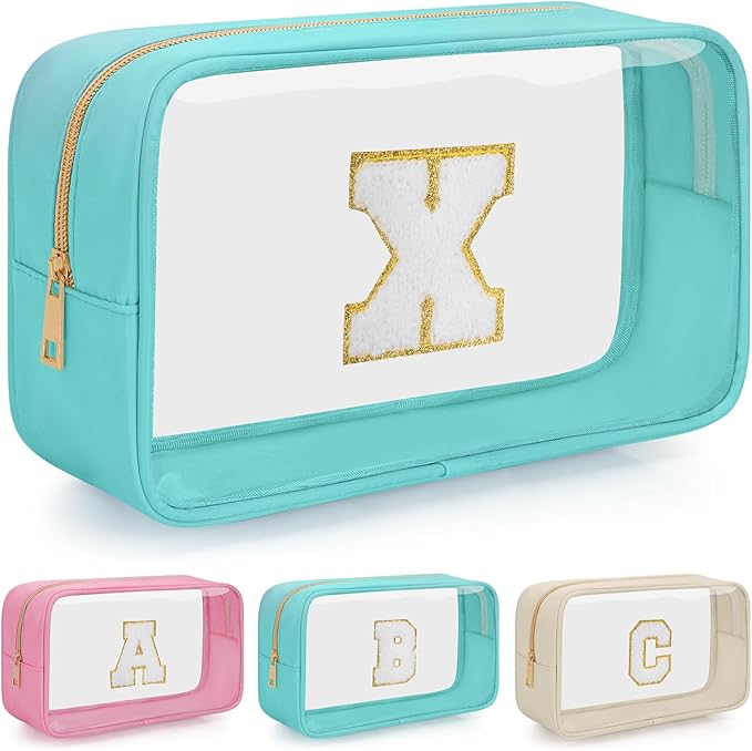 Personalized Initial Clear Makeup Bag, Travel Chenille Patch Cosmetic Bag, Preppy Toiletry Bag Monogram Cosmetic Pouch with Zipper, Ideal Gift for Teen Girls Women (Clear-Green, X)