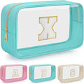 Personalized Initial Clear Makeup Bag, Travel Chenille Patch Cosmetic Bag, Preppy Toiletry Bag Monogram Cosmetic Pouch with Zipper, Ideal Gift for Teen Girls Women (Clear-Green, X)