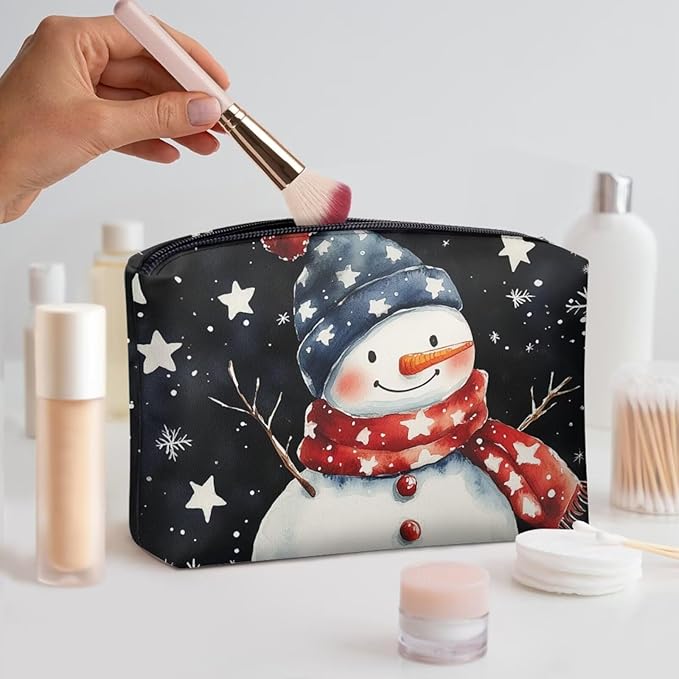 COEQINE Christmas Makeup Pouch for Purses for Women Leather Snowman Black Stars Mini Cosmetics Bag Cute Cosmetic Pouch for Women with Zipper Pen Pencil Toiletry Pouch for Birthday Xmas Gift