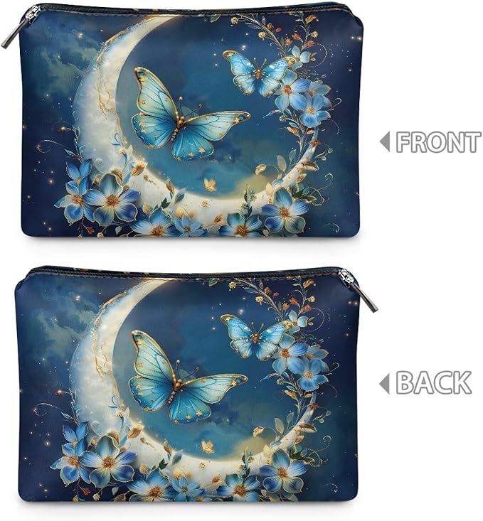 COEQINE Travel Makeup Bag for Women Large Leather Cosmetic Bag with Moon And Butterfly Gothic Makeup Case for Ladies Wallet Handbag