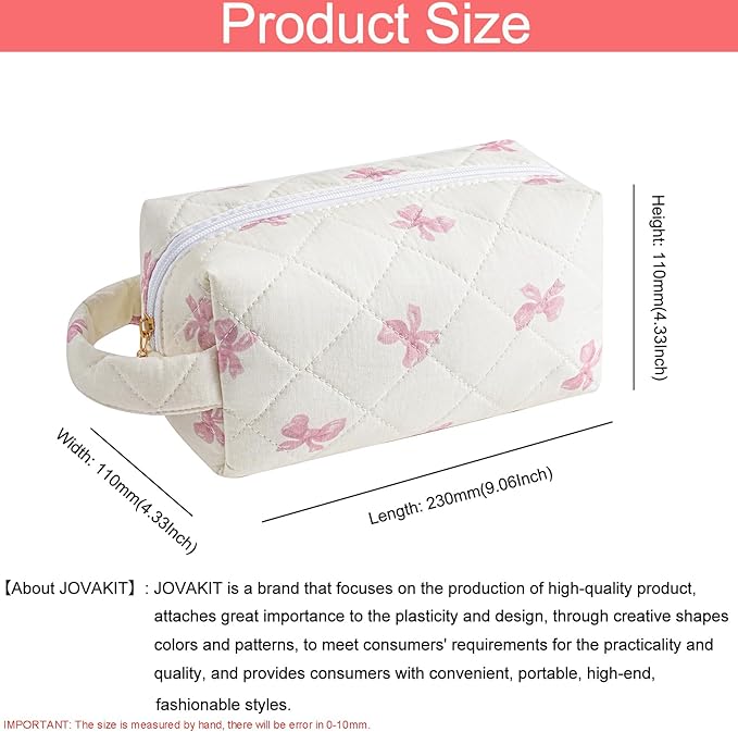 JOVAKIT Travel Makeup Bag Cosmetic Bag for Women, Christmas Gifts, Small Floral Flowers Coquette Toiletry Bag with Handle, Zipper Make Up Pouch Organizer Bag Trendy Stuff (Pink Bow Tie)