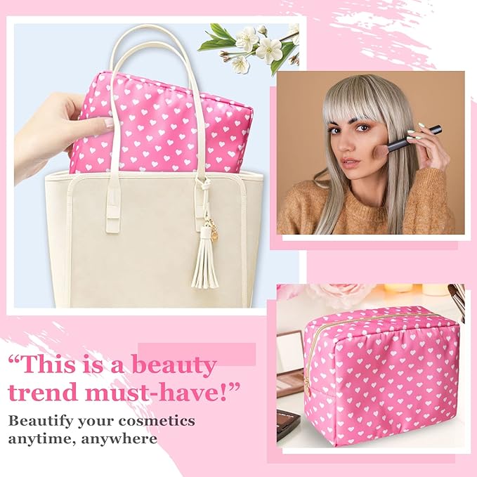 Nylon Large Makeup Bag Travel Cosmetic Bag Pouch, Big Preppy Makeup Bag Cute Cosmetic Zipper Pouch Purse, Waterproof Toiletry Bag Clutch Makeup Organizer Travel Essentials for Women Girls(Pink Heart)
