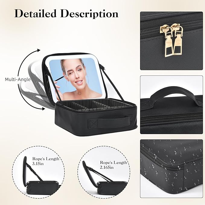 Travel Makeup Bag With LED Mirror,Cosmetic Train Case with 3 Color Setting,Cosmetic Makeup Organizer Bag with Adjustable Dividers,Portable Make up Box with Make up Brushes Holder Storage（Black）
