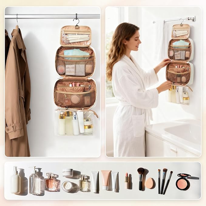 Travel Toiletry Bag For Women Small Hanging Toiletry Travel Makeup Bag lightweight Water-Resistant Toiletries Organizer case portable Cosmetic Bags For Women Beige
