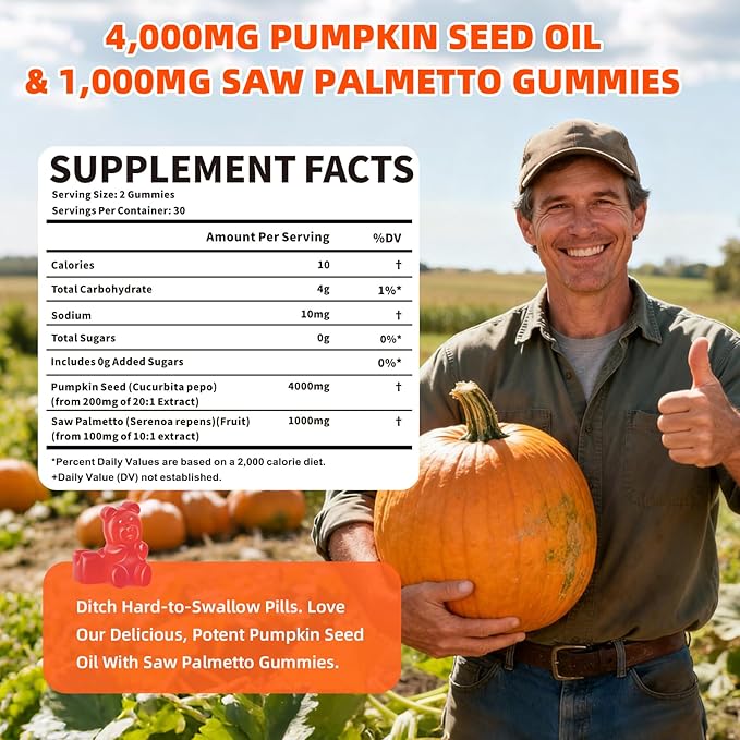 Pumpkin Seed Oil Supplement Gummies 4000mg with Saw Palmetto for Hair Growth & Skin Health, High Pure Extract for Women & Men Extra Strength Pumpkin Seed, Strawberry Flavor, 60 Count