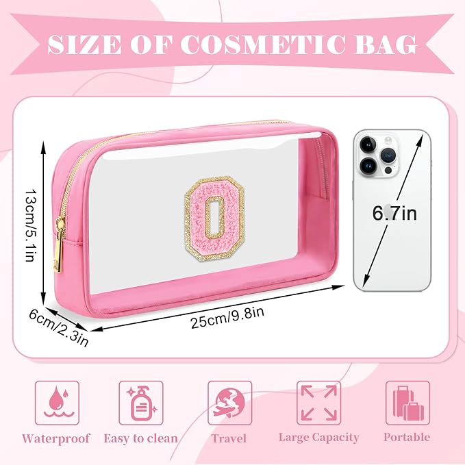 Personalized Initial Letter Clear Makeup Bag,Preppy Small Nylon&PVC Cosmetic Zipper Bag with Chenille Letter,Portable Beach Travel Skincare Toiletry Bag,Trendy Monogram Gift for Teen Girls Women,O