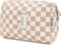 Narwey Birthday Gifts for Women Teen Girls Kids Personalized Initial Checkered Makeup Bag Cute Cosmetic Bag Trendy Stuff 6 8 10 11 12 13 14 16 18 Years Old Travel Toiletry Bag (Brown Letter J)