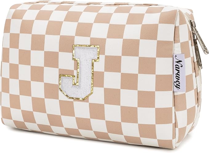 Narwey Birthday Gifts for Women Teen Girls Kids Personalized Initial Checkered Makeup Bag Cute Cosmetic Bag Trendy Stuff 6 8 10 11 12 13 14 16 18 Years Old Travel Toiletry Bag (Brown Letter J)
