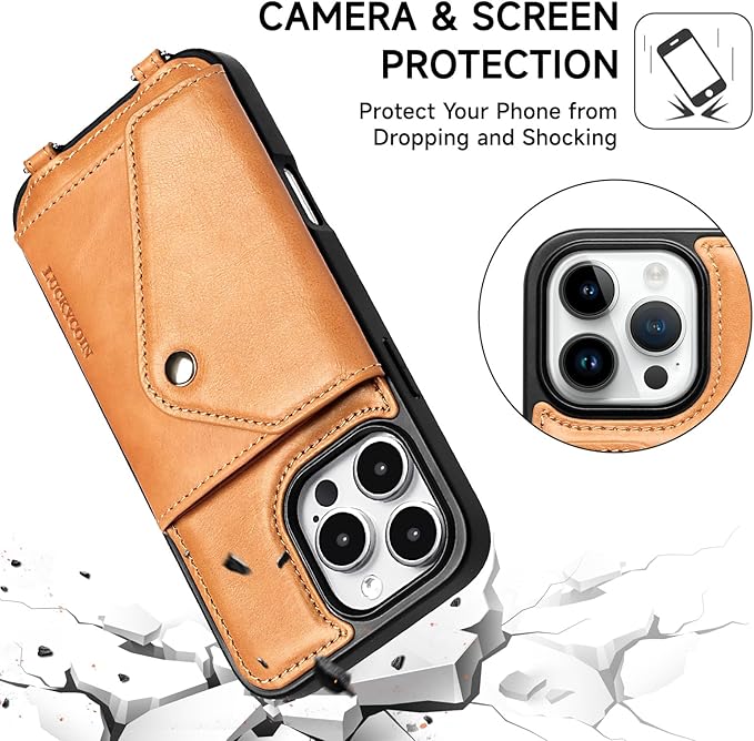 LUCKYCOIN Crossbody Wallet Phone Case for iPhone 16 Pro Max,100% Genuine Leather Wallet Phone Case with Expandable Flip Card Holder,Phone Purse for Women with Adjustable Removable Strap - Brown