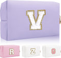 Iqimott Personalized Initial Letter Patch Makeup Bag, Preppy Small Chenille Letter Cosmetic Bag with Zipper, PU Leather Waterproof Travel Toiletry Bag Monogram Make Up Pouch for Women Girls(Letter V)