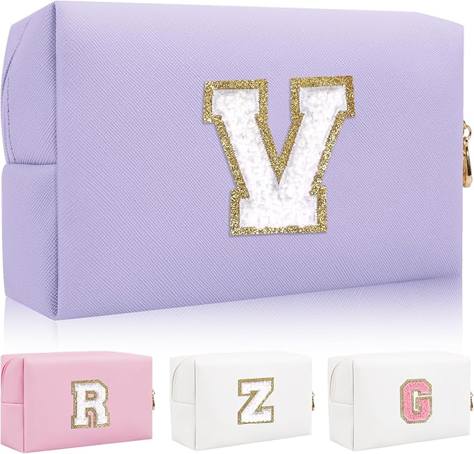 Iqimott Personalized Initial Letter Patch Makeup Bag, Preppy Small Chenille Letter Cosmetic Bag with Zipper, PU Leather Waterproof Travel Toiletry Bag Monogram Make Up Pouch for Women Girls(Letter V)