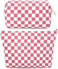 SOIDRAM 2 Pcs Checkered Makeup Bag Large Cosmetic Bag Toiletry Bag Makeup Pouch Travel Bag Organizer Cute Makeup Brushes Aesthetic Accessories Storage Bag for Women Peach Pink