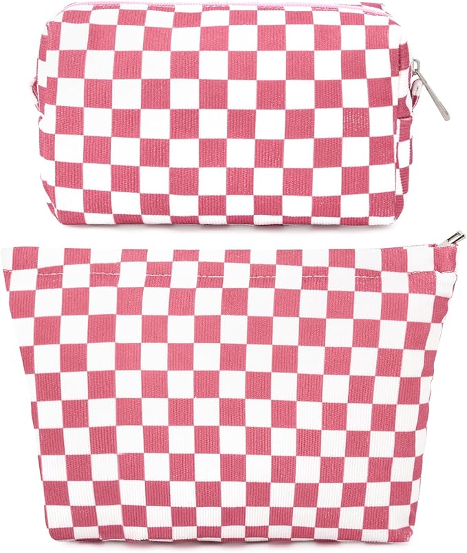 SOIDRAM 2 Pcs Checkered Makeup Bag Large Cosmetic Bag Toiletry Bag Makeup Pouch Travel Bag Organizer Cute Makeup Brushes Aesthetic Accessories Storage Bag for Women Peach Pink