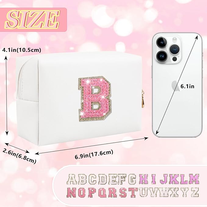 Personalized Initial Letter Makeup Bag, Preppy Glitter Letter Patch Cosmetic Pouch Zipper,PU Waterproof Travel Toiletry Bag Cute Makeup Organizer Monogrammed Make Up Bag,Gift for Women Girls(Letter B)