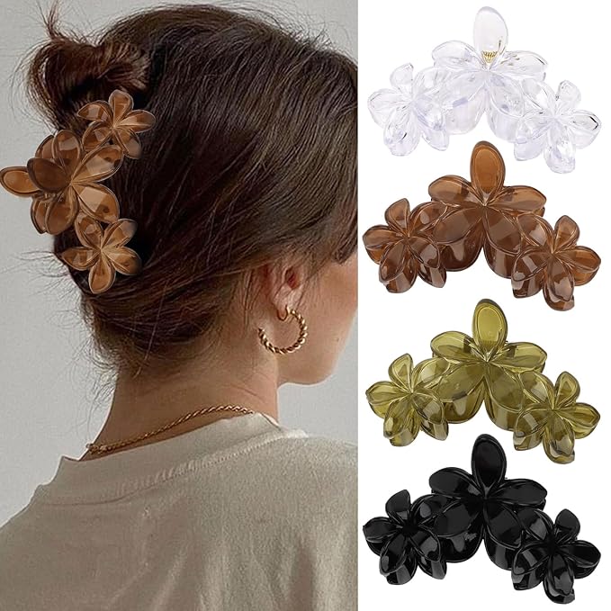 4Pcs Flower Hair Clips Large Matte Hair Claw for Women Non-Slip Strong Hold Clips for Thick Hair, Hair Accessories，Green，Brown，White，Black