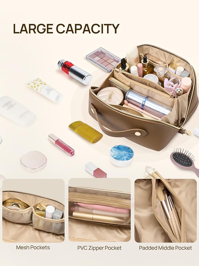 Telena Leather Make Up Bag Portable Travel Makeup Bag Waterproof Cosmetic Bags for Women Large Capacity With Handle and Divider Open Flat