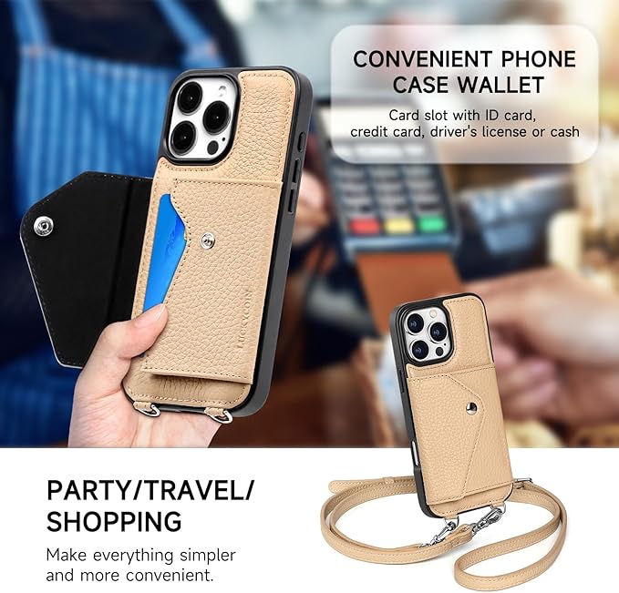 LUCKYCOIN Crossbody Wallet Phone Case for iPhone 16 Pro Max,100% Genuine Leather Wallet Phone Case with Expandable Flip Card Holder,Phone Purse for Women with Adjustable Removable Strap - Pebble Beige
