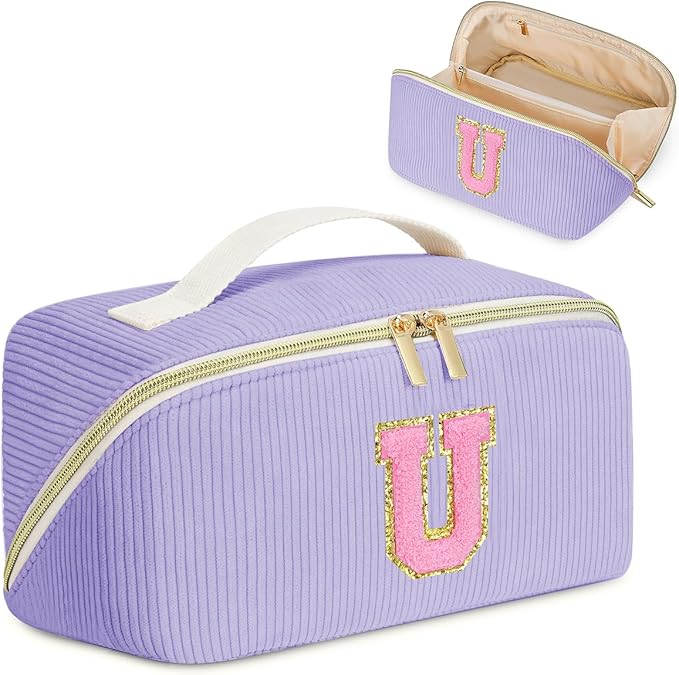 Personalized Initial Makeup Bag,Christmas Gifts for Girl,Preppy Bag Cosmetic Travel Bag Women,Travel Toiletry Organizer,Large Capacity Corduroy Stuff Bag,Cute Cosmetic Pouch Skincare Bag-U