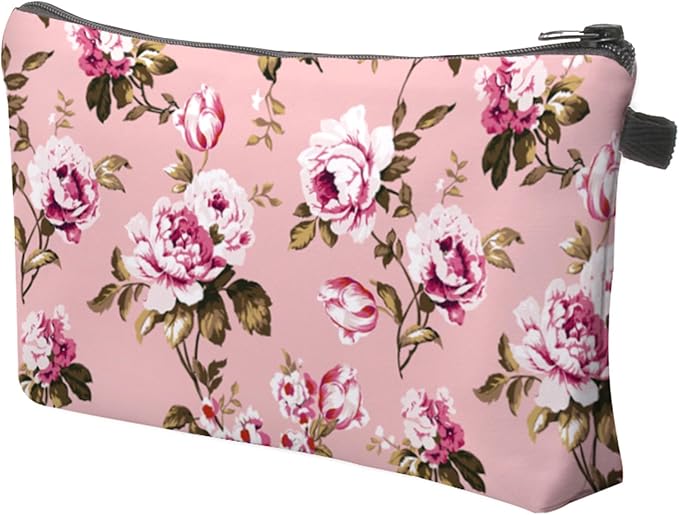 Cute Travel Makeup Bag Cosmetic Bag Small Pouch Gift for Women (Flowers Blush Pink)