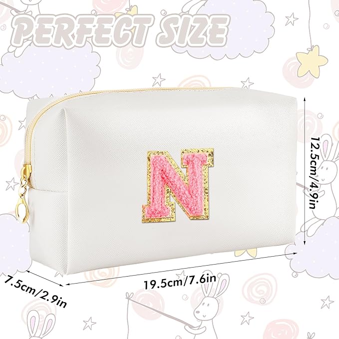Initial Makeup Bag Personalized Preppy Travel Small Cosmetic Bag Cute PU White Chenille Letter Makeup Pouch for Purse Waterproof Zippered Toiletry Organizer for Women Girls Kids Friends (H)