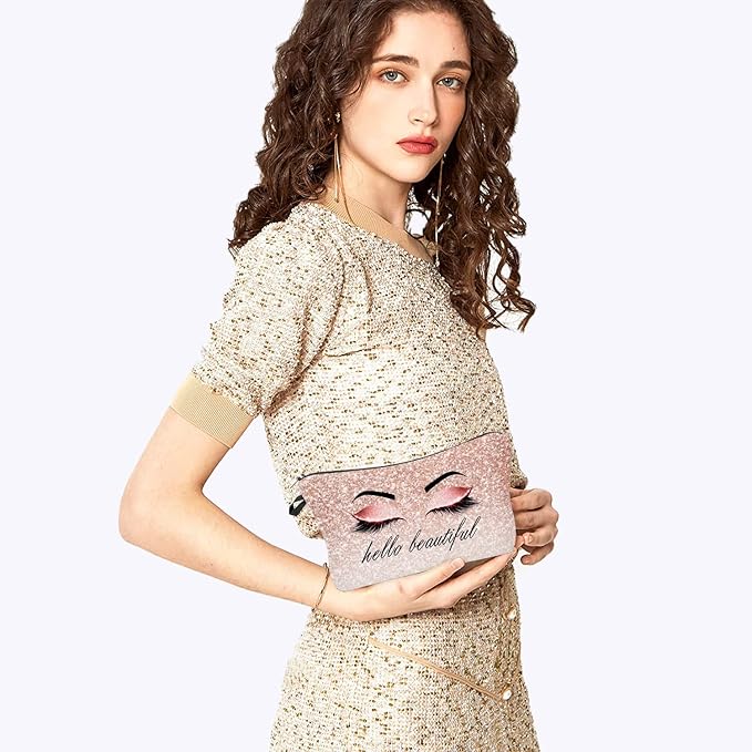 Hello Beautiful Makeup Bag for Purse Eyelash Pink Cosmetic Bags for Women Inspirational Gift Small Funny Cosmetics Glitters Eyeshadows Travel Bag Cases for Toiletries Accessories Organizer