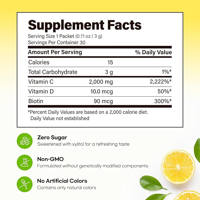 Vita Pop Vitamin C 2,000mg Korean High-Potency Daily Portable Zero Sugar Lemon Flavor Vitamin D & Biotin for Adults & Kids – Vitamin C Supplement for Immune Support, 30 Packets