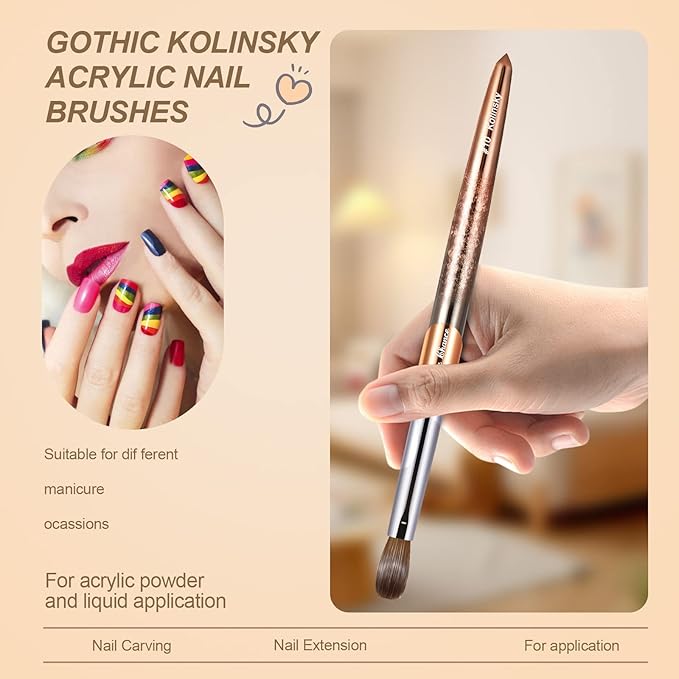Acrylic Nail Brush Size 10, 100% Real Kolinsky Art Nail Brush for Acrylic Powder Application, Handmade Women Manicure Nail Extension Tool for Professional DIY Home Salon and Beginners