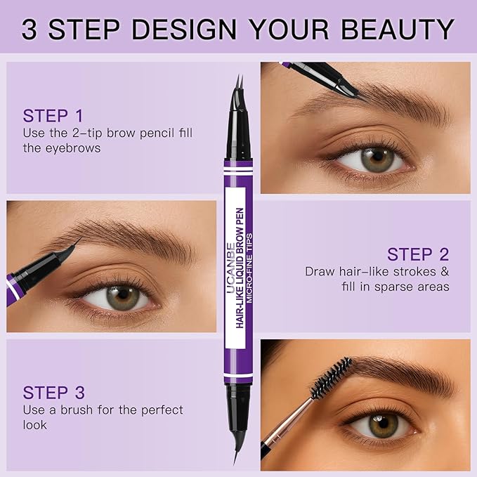 UCANBE Curved Eyebrow Pencils for Women with Spoolie Brush,Dual-Ended Eyebrow Pen with 2-Fork-Tip&Precise Brush-Tip,Microblading Brow Pen for Hair-Like Brows,Waterfool, Long Lasting,Dark Brown
