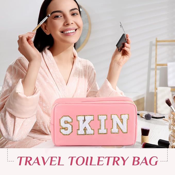 Remerry 4 PCS Nylon Cosmetic Bags Waterproof Spacious Travel Makeup Organizer for Women Chenille Letter Preppy Zipper Pouch Face Stuff Skin Hair Organizer Gift(Pink)
