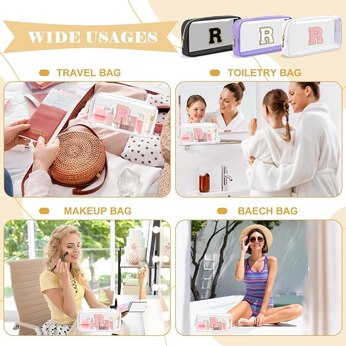 Personalized Initial Letter Clear Makeup Bag,Preppy Small Nylon&PVC Cosmetic Zipper Bag with Chenille Letter,Travel Skincare Toiletry Bag,Monogram Christmas Gift for Teen Girls Women,R