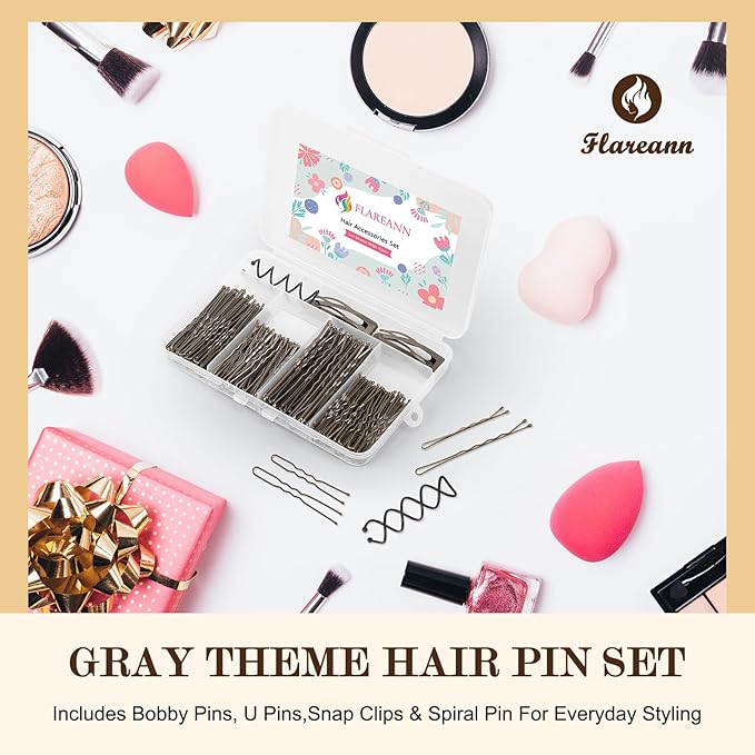 Bobby Pins Set Gray – Bobby Pins, Snap Clips & U Shape Pin, Complete Hair Kit for Women & Girls, for Buns, Updos, Parties & Weddings