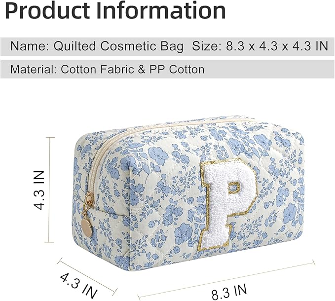 Gleyemor Personalized Initial Makeup Bag for Women, Cute Quilted Blue Floral Cotton Cosmetic Bag, Christmas Gifts for Her Mom Friend Sister Bridesmaid Teacher Women P