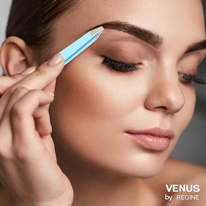 Venus by Regine Slant Tweezers - Handmade Precision Tool for Women & Men, 25-Degree Angle for Shaping Eyebrows & Grooming Facial Contours, Suitable for Eyebrow & Facial Hair Removal (Bright Blue)
