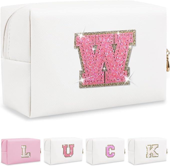 Personalized Initial Letter Patch Makeup Bag, Preppy Glitter Letter Makeup Organizer, Cute Monogrammed Pouch Cosmetic Bag PU Leather Waterproof Travel Toiletry Bag, Gift for Women Teen Girls