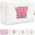 Personalized Initial Letter Patch Makeup Bag, Preppy Glitter Letter Makeup Organizer, Cute Monogrammed Pouch Cosmetic Bag PU Leather Waterproof Travel Toiletry Bag, Gift for Women Teen Girls