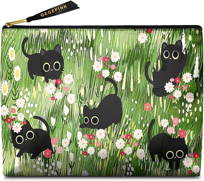 Cute Makeup Bag for Purse Waterproof Cosmetic Bags for Women Funny Smooth Zipper Travel Toiletry Pouch 10X8 Inches-Black Cat Floral Makeup pouch
