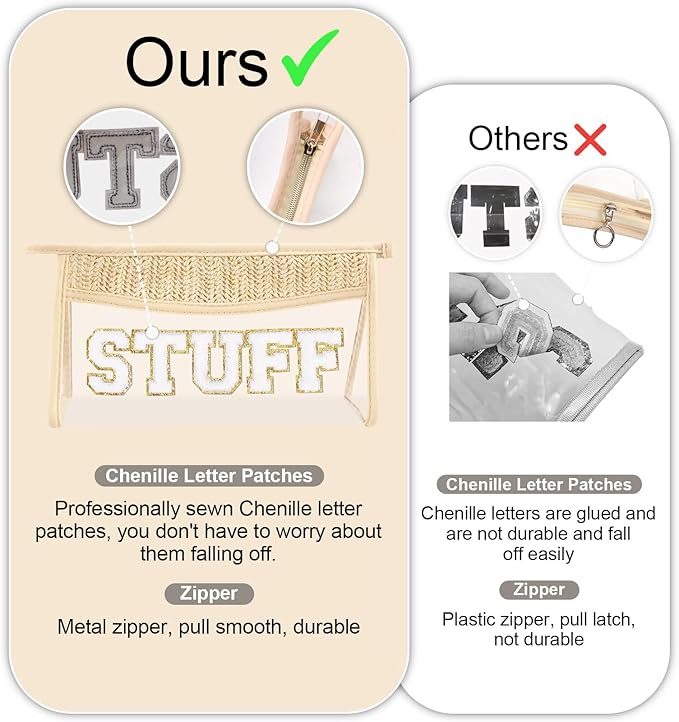 Small Boho Straw Clear Bride Makeup Bags for Women&Girls, Zipper Cosmetic Bag Chenille Varsity Letter Patch Bag, Preppy Cute Toiletry Pouch, Trendy Organizer Storage Bag for Beach Travel Essentials