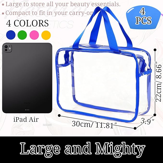 4 Packs Large Clear Toiletry Bag, Waterproof Clear Makeup Comestic Organizer Bags with Handle, Transparent Handbag with Zipper for Travel Airport Airline Vacation