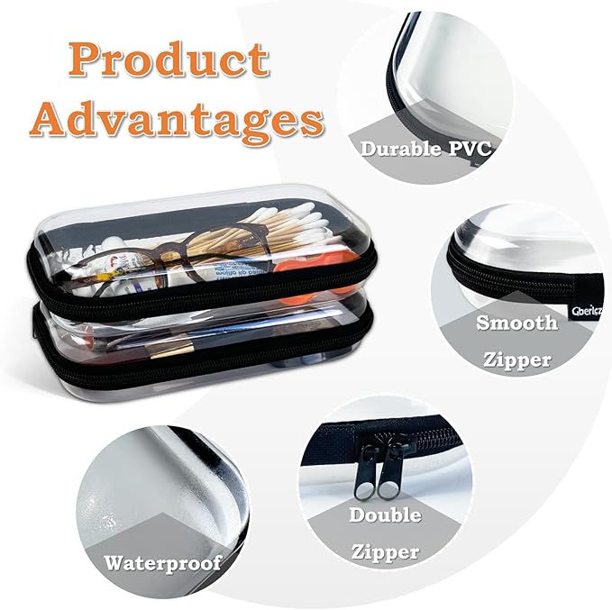 Clear Zipper Pouches for Organizer, Waterproof Hard Clear Zipper Case, Hard Plastic Pouch with Zippered