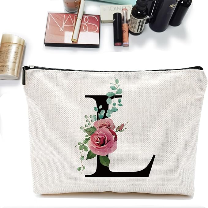 Initial A-Z Personalized Letter Makeup Bag, Monogrammed Bridesmaid Gifts/Presents Cosmetic Bag, Portable Stationery Storage Organizer Pouch, Friendship Love Travel Makeup Bags